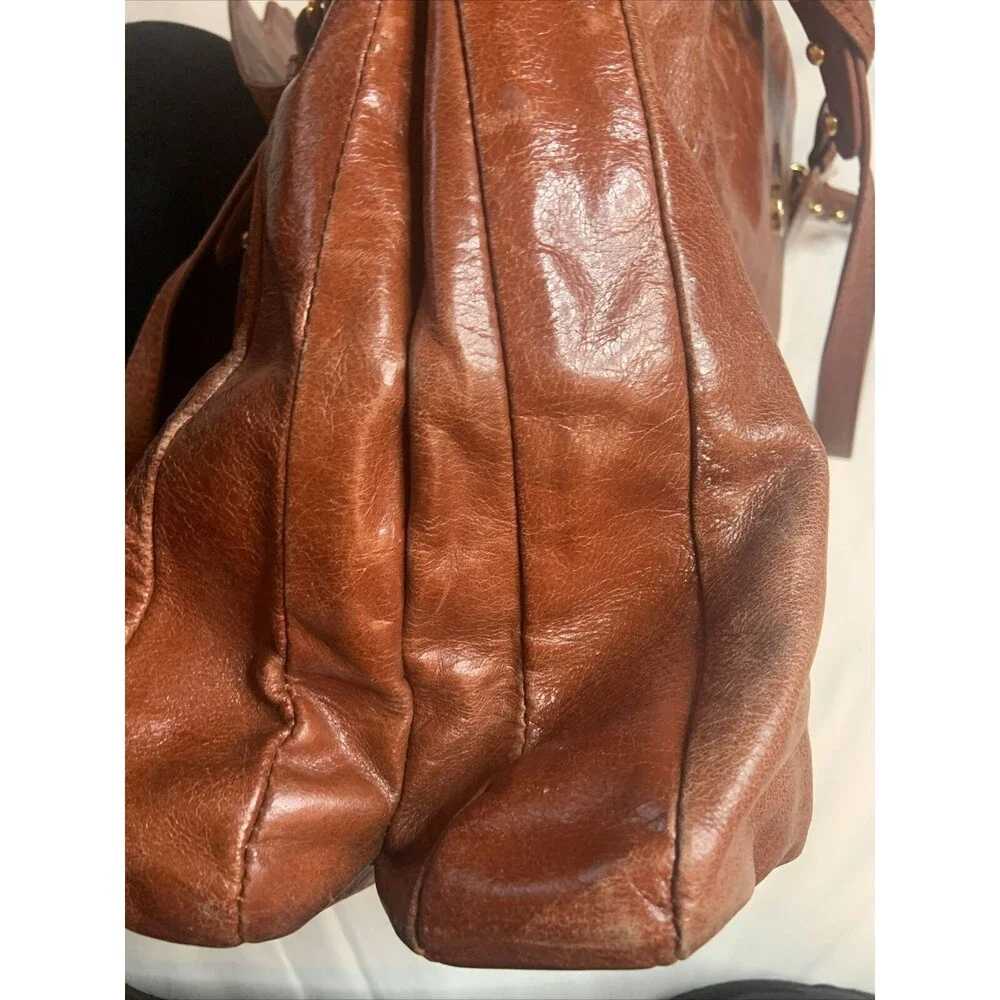 Badgley Mischka Brown Distressed Leather Tote Shoulder Bag Gold Hardware Boho